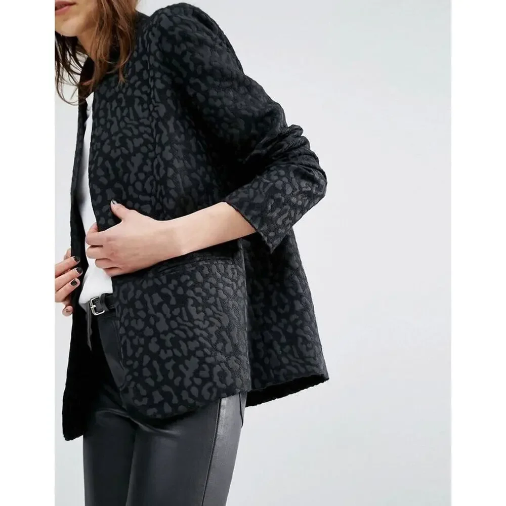 Suncoo Paris Manteau Edwin Black Leopard Print Blazer Jacket Size T0 (XS)